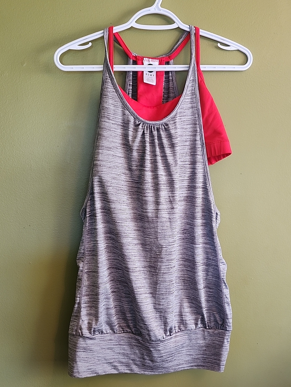 Roxy Two-Tone Layered Racerback Tank - Heather Gray & Coral Built In Bra Large